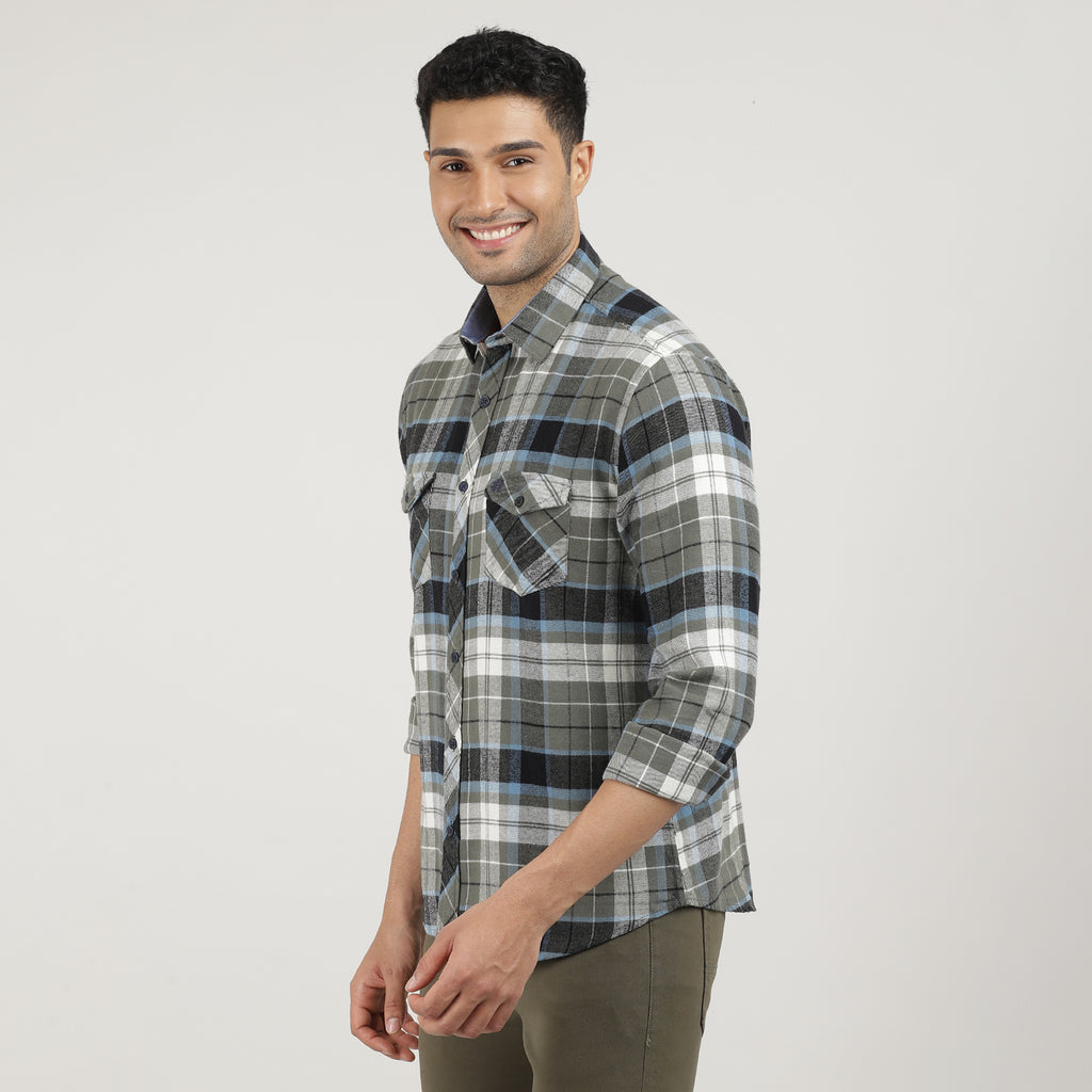 Forest Brushed Checks Shirt With Double Pocket