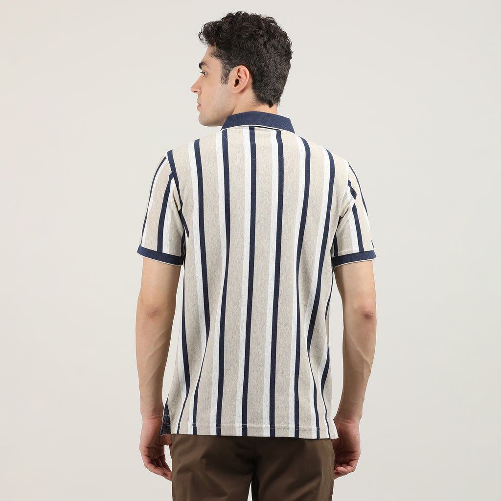 Fawn Pique Lycra Vertical Stripes Polo T-shirt With Contrast Collar