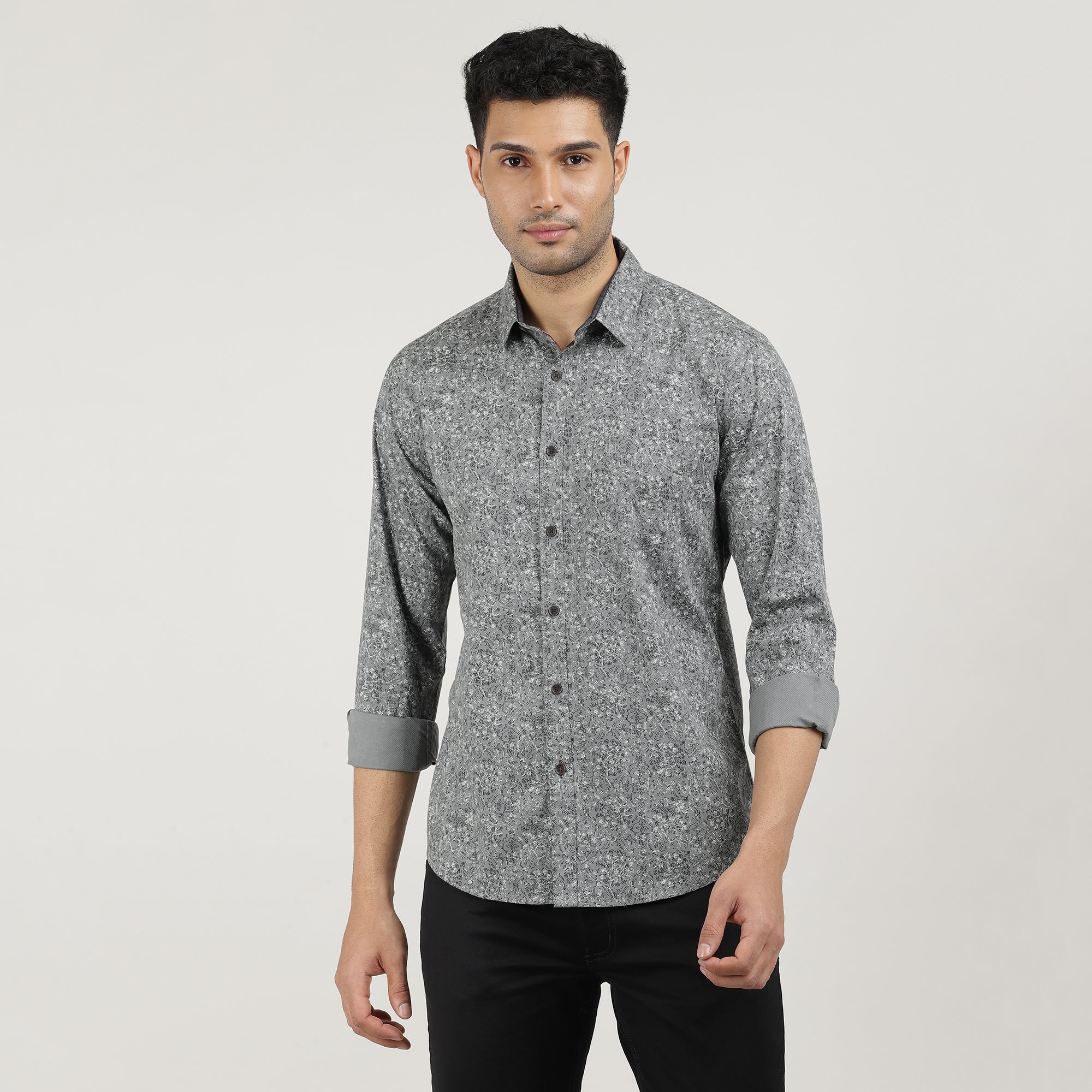 Grey Poplin Printed Shirt