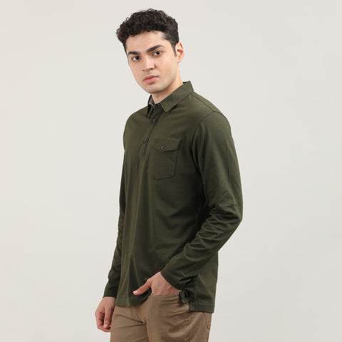 OLIVE-CORD LYCRA-FULL SLEEVES-POLO-TSHIRT-AW24