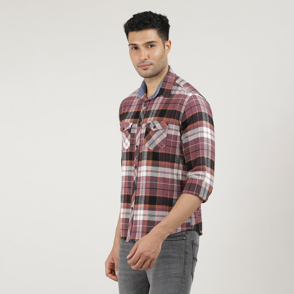 Onion Brushed Checks Shirt With Double Pocket