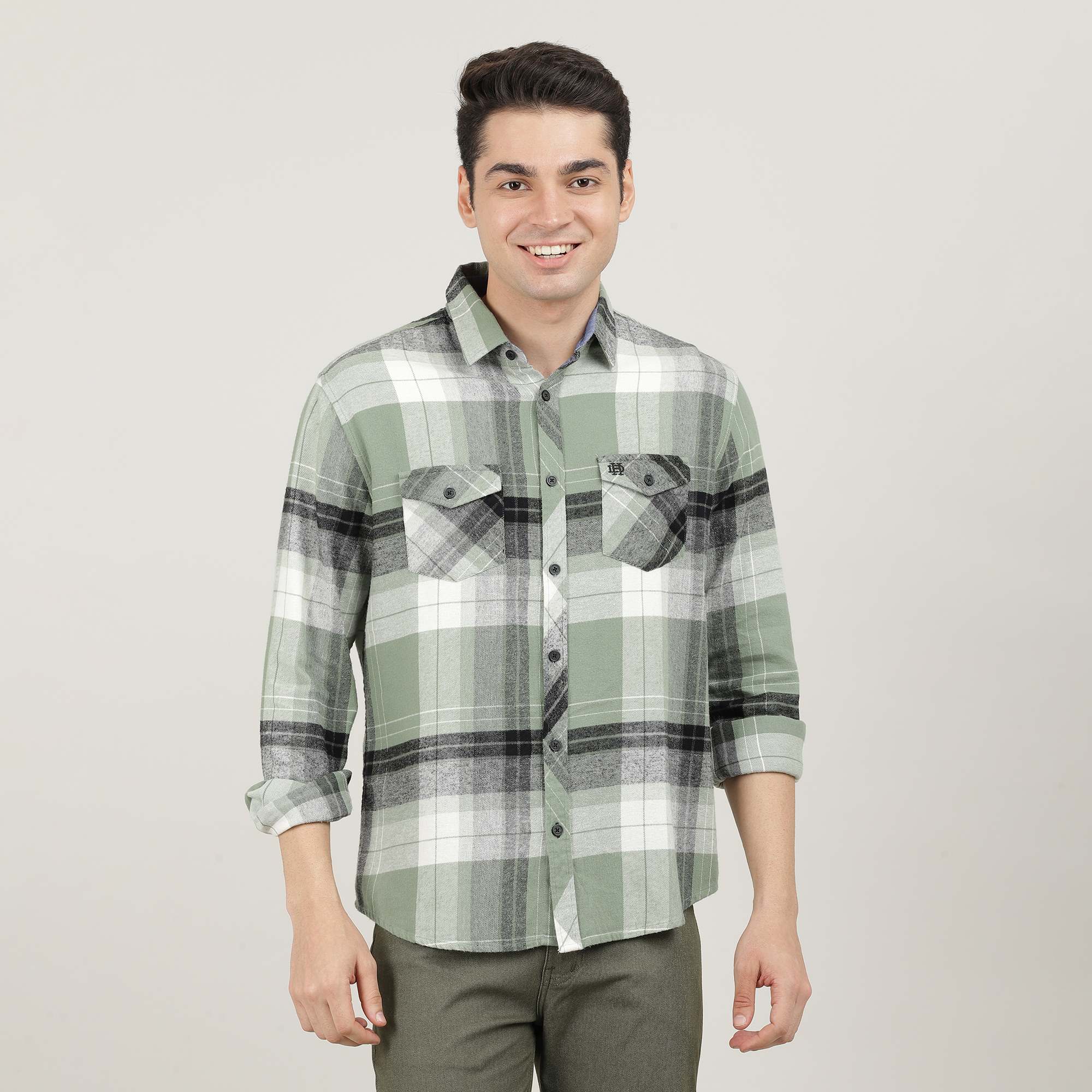 Fawn Brushed Checks Shirt With Double Pocket