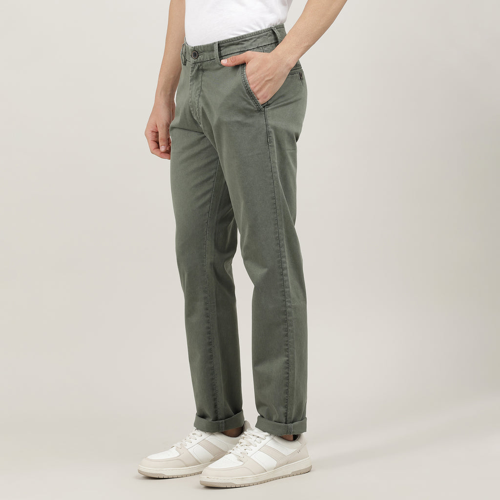 Olive-Washed Cotton Trousers-Slim Tapered Fit