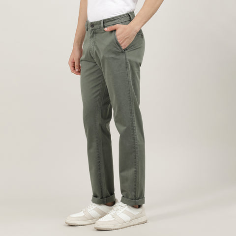 Olive-Washed Cotton Trousers-Slim Tapered Fit