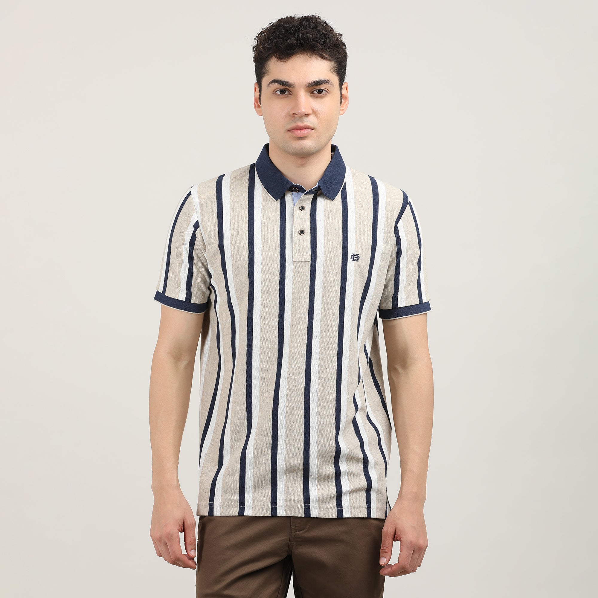 Fawn Pique Lycra Vertical Stripes Polo T-shirt With Contrast Collar