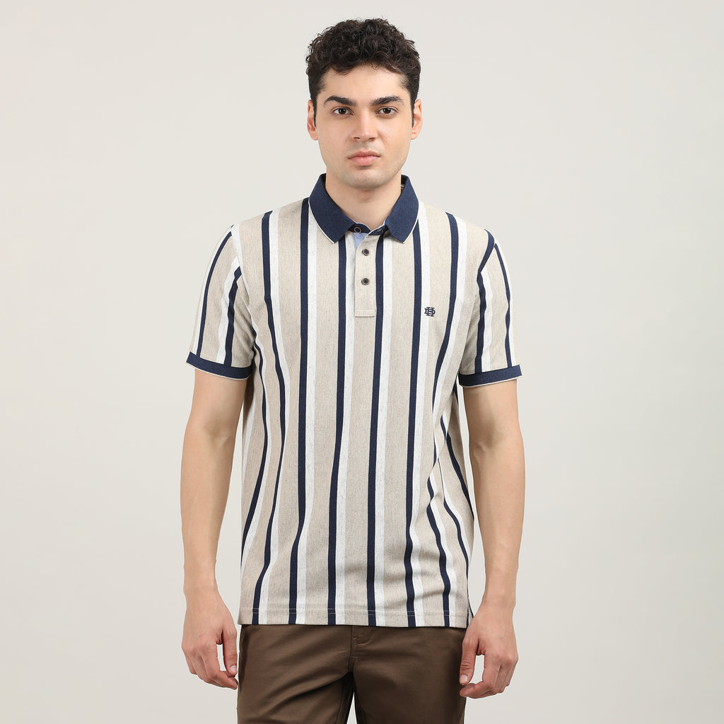 Fawn Pique Lycra Vertical Stripes Polo T-shirt With Contrast Collar