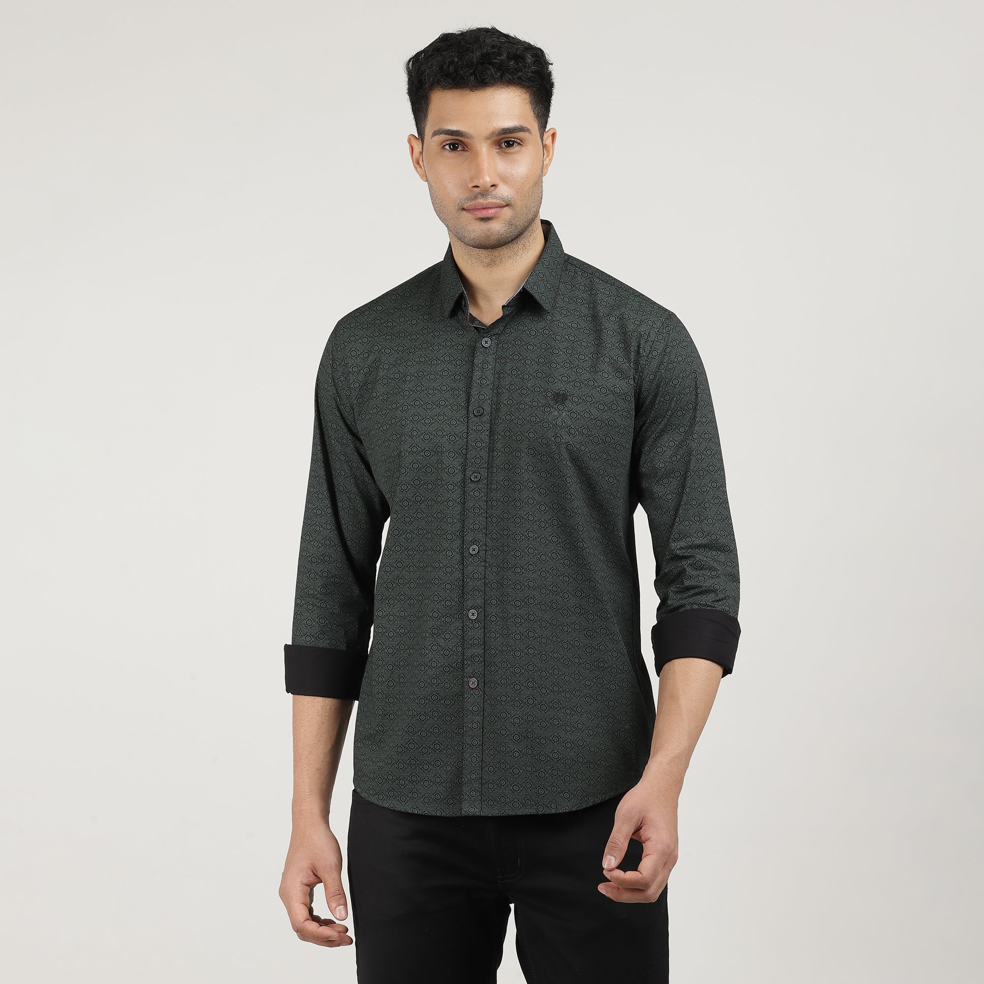 Dark Green Poplin Printed Shirt with Pocket