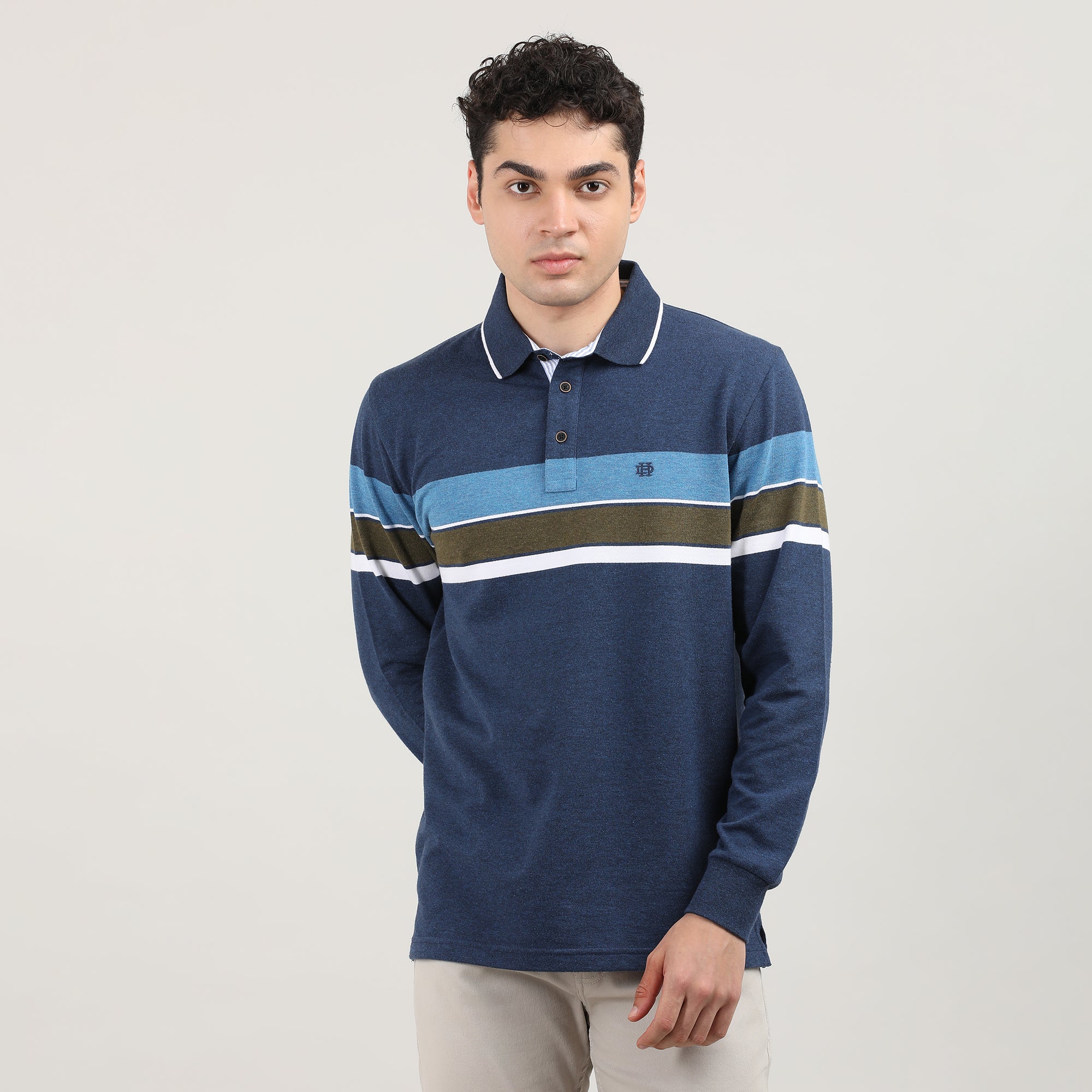 Melange Blue Striped Full Sleeves Polo T-shirt