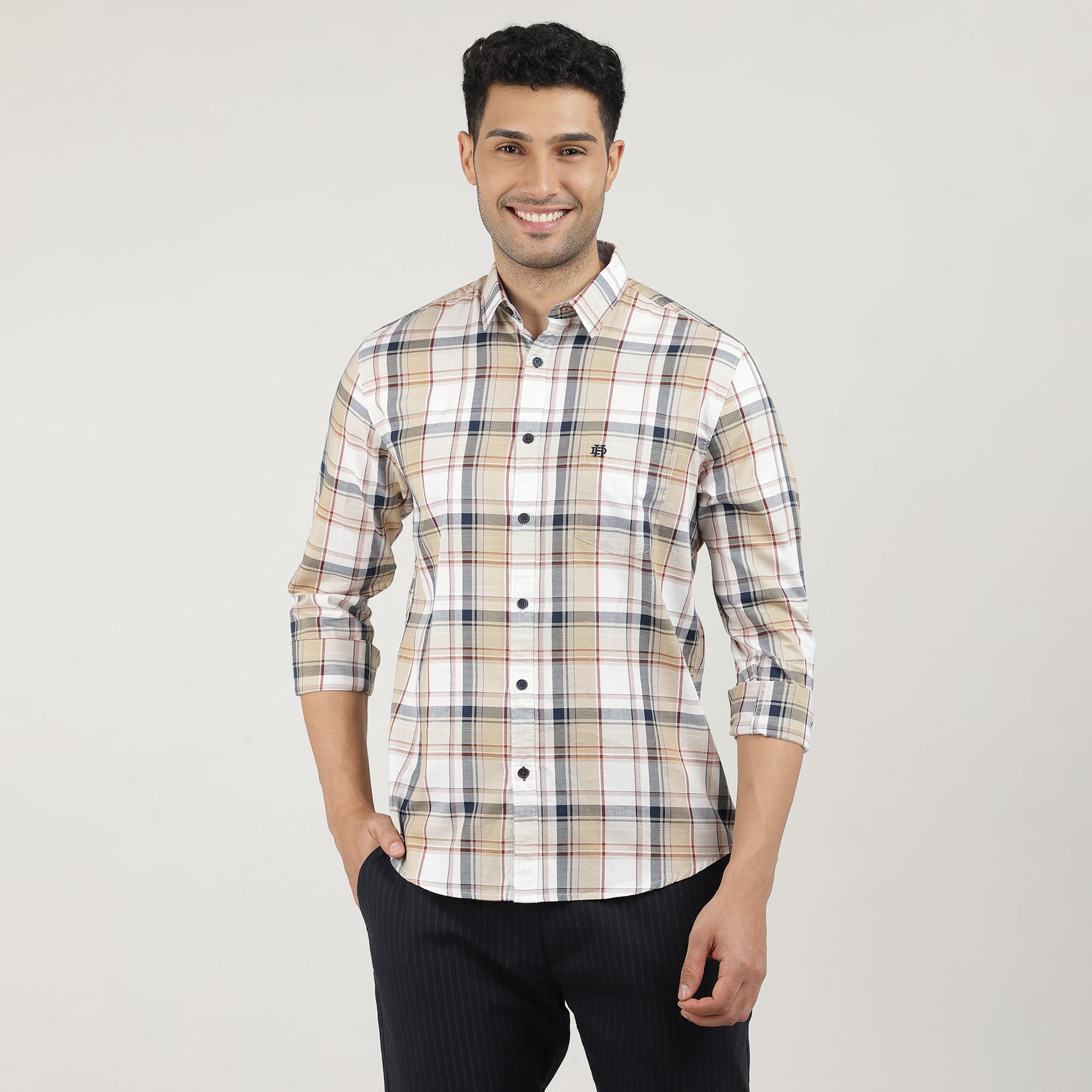 Beige, Fine Twill Checked Shirt With Pocket