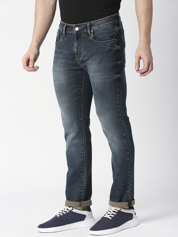 Dark Blue-Grey Stone Washed Slim Straight Knitted Denim