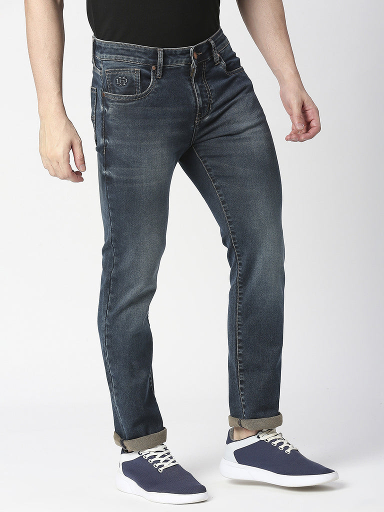 Dark Blue-Grey Stone Washed Slim Straight Knitted Denim