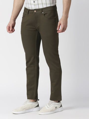 Olive Green Slim Tapered Cotton Stretch Jeans