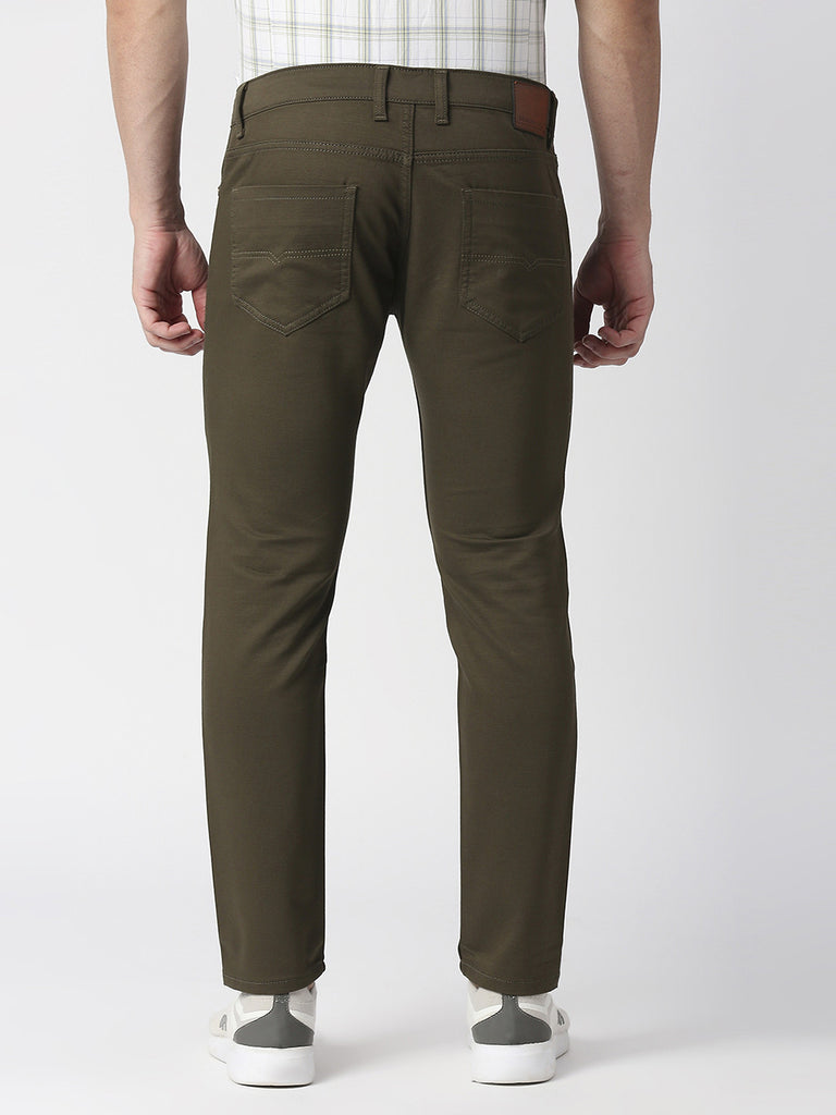 Olive Green Slim Tapered Cotton Stretch Jeans