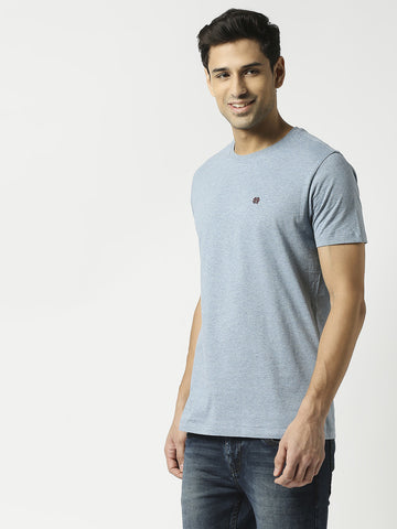 Sky Blue Melange Round Neck Plain T-shirt