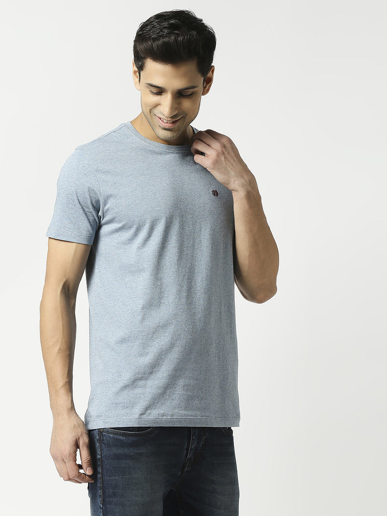 Sky Blue Melange Round Neck Plain T-shirt