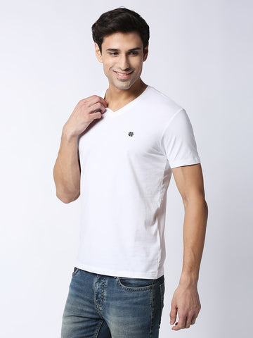 White Jersey Lycra V neck T-shirt