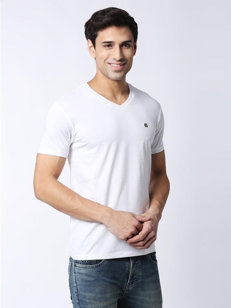 White Jersey Lycra V neck T-shirt