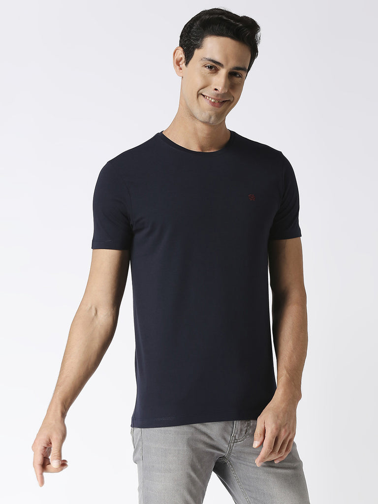 Dark Navy Jersey Lycra Round Neck T-shirt