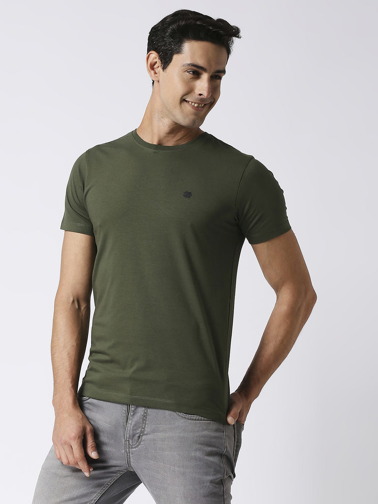 Olive Jersey Lycra Round Neck T-shirt