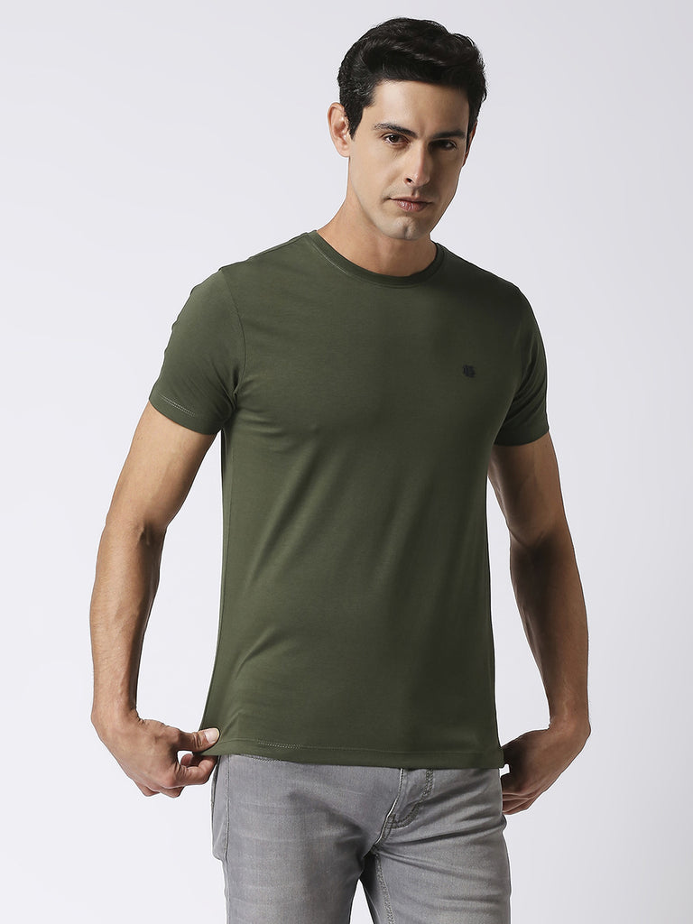 Olive Jersey Lycra Round Neck T-shirt