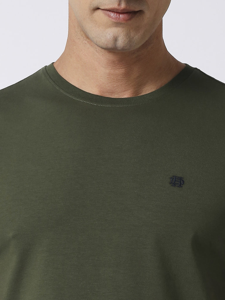 Olive Jersey Lycra Round Neck T-shirt