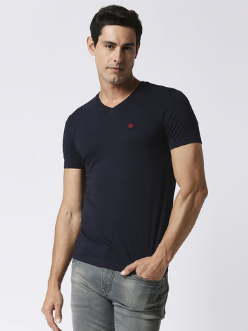 Navy Jersey Lycra V Neck T-Shirt