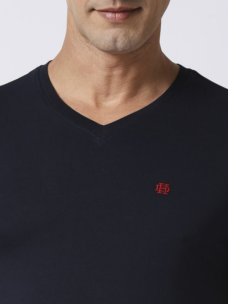 Navy Jersey Lycra V Neck T-Shirt