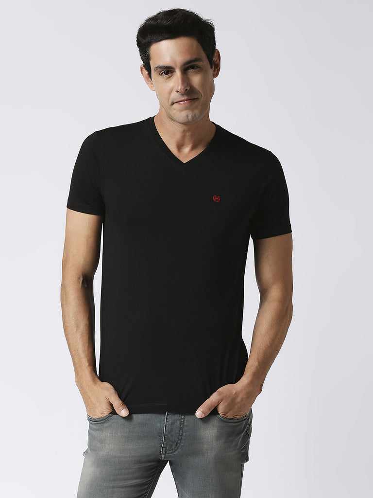 Black Jersey Lycra V neck T-shirt