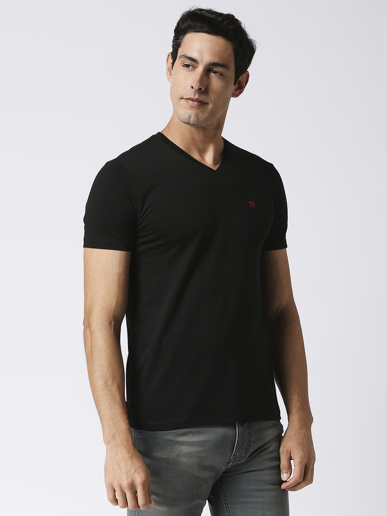 Black Jersey Lycra V neck T-shirt