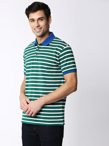 Green and White Striped Polo T-shirt