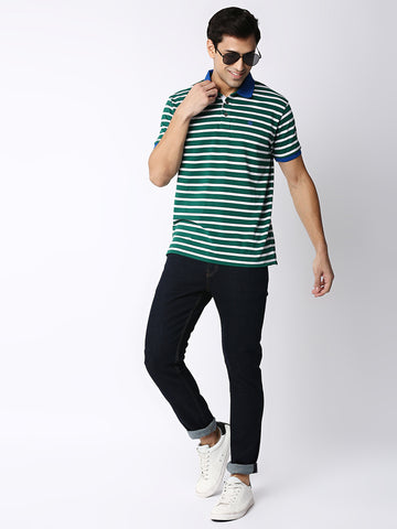 Green and White Striped Polo T-shirt