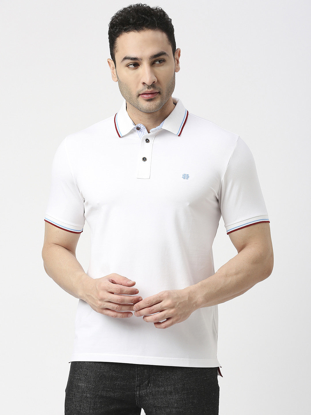 White Pique Lycra Polo T-Shirt With Tipping Collar