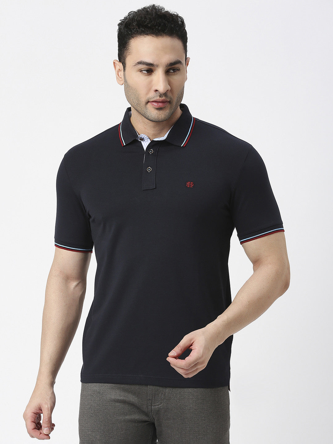 Navy Pique Lycra Polo T-Shirt With Tipping Collar