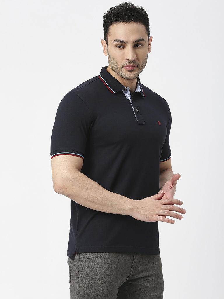 Navy Pique Lycra Polo T-Shirt With Tipping Collar