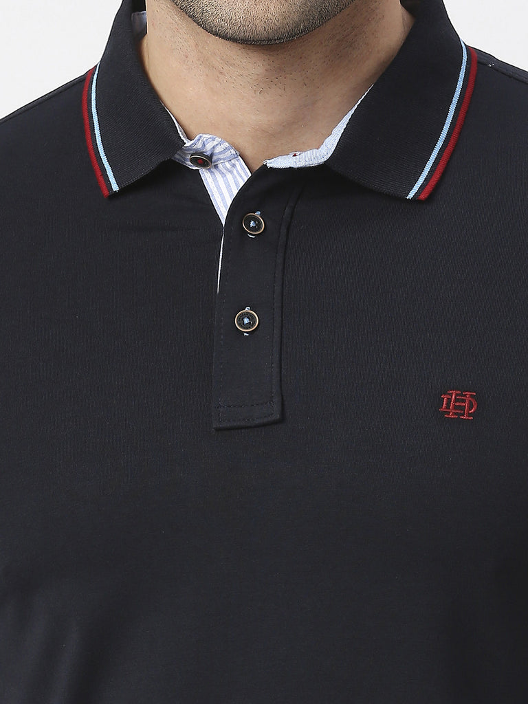 Navy Pique Lycra Polo T-Shirt With Tipping Collar