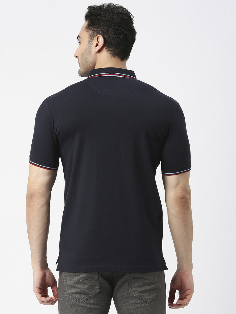 Navy Pique Lycra Polo T-Shirt With Tipping Collar