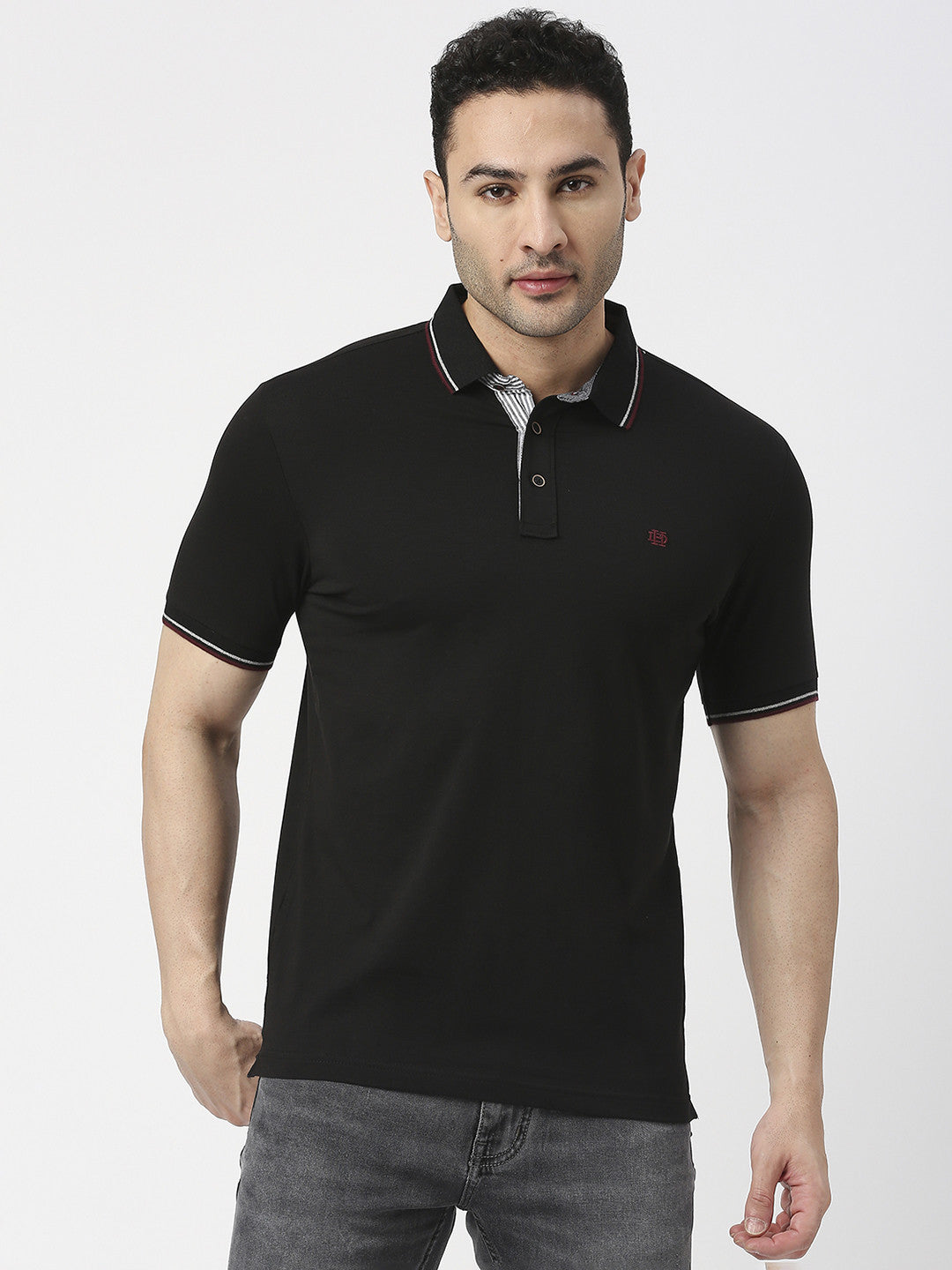 Black Pique Lycra Polo T-Shirt With Tipping Collar