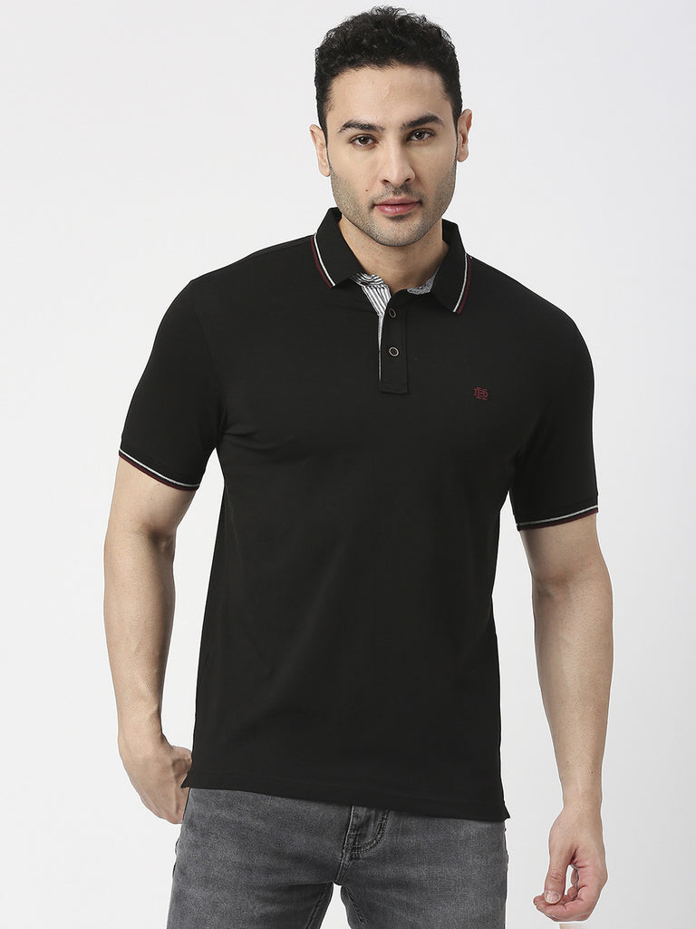 Black Pique Lycra Polo T-Shirt With Tipping Collar