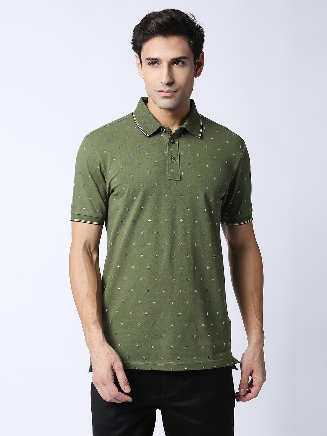 Olive Green Printed Pique Lycra Polo T-shirt