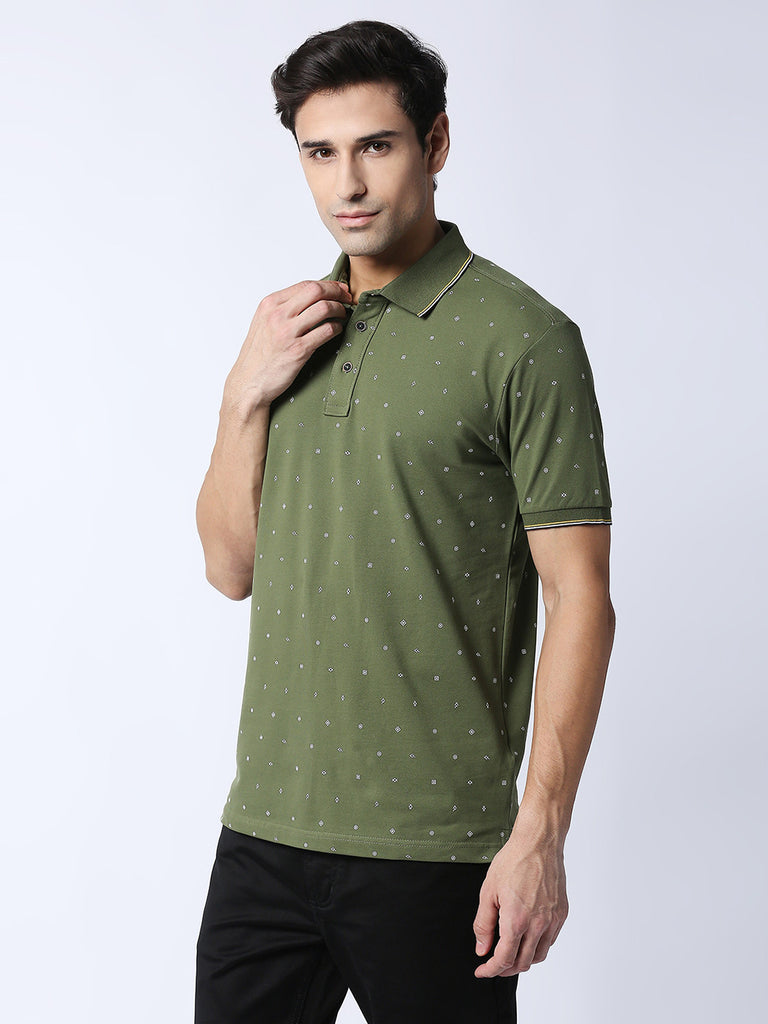 Olive Green Printed Pique Lycra Polo T-shirt