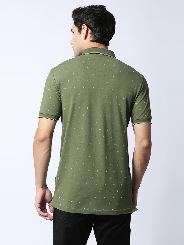 Olive Green Printed Pique Lycra Polo T-shirt