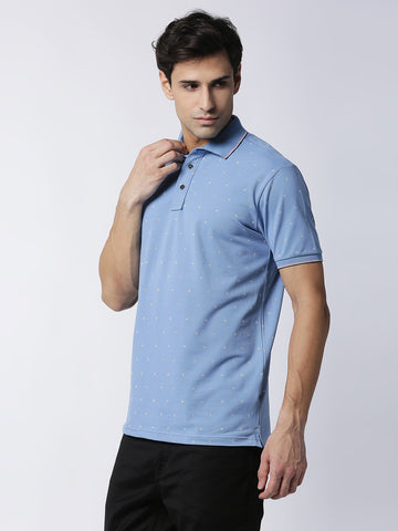 Mid Blue Printed Pique Lycra Polo T-shirt