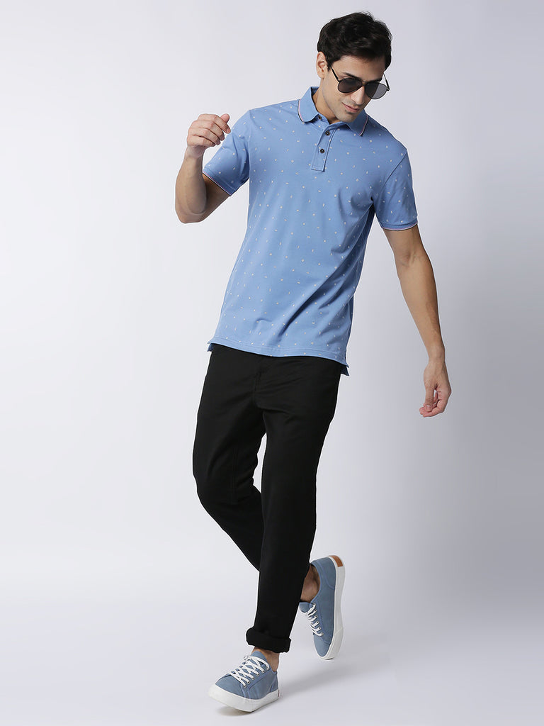 Mid Blue Printed Pique Lycra Polo T-shirt