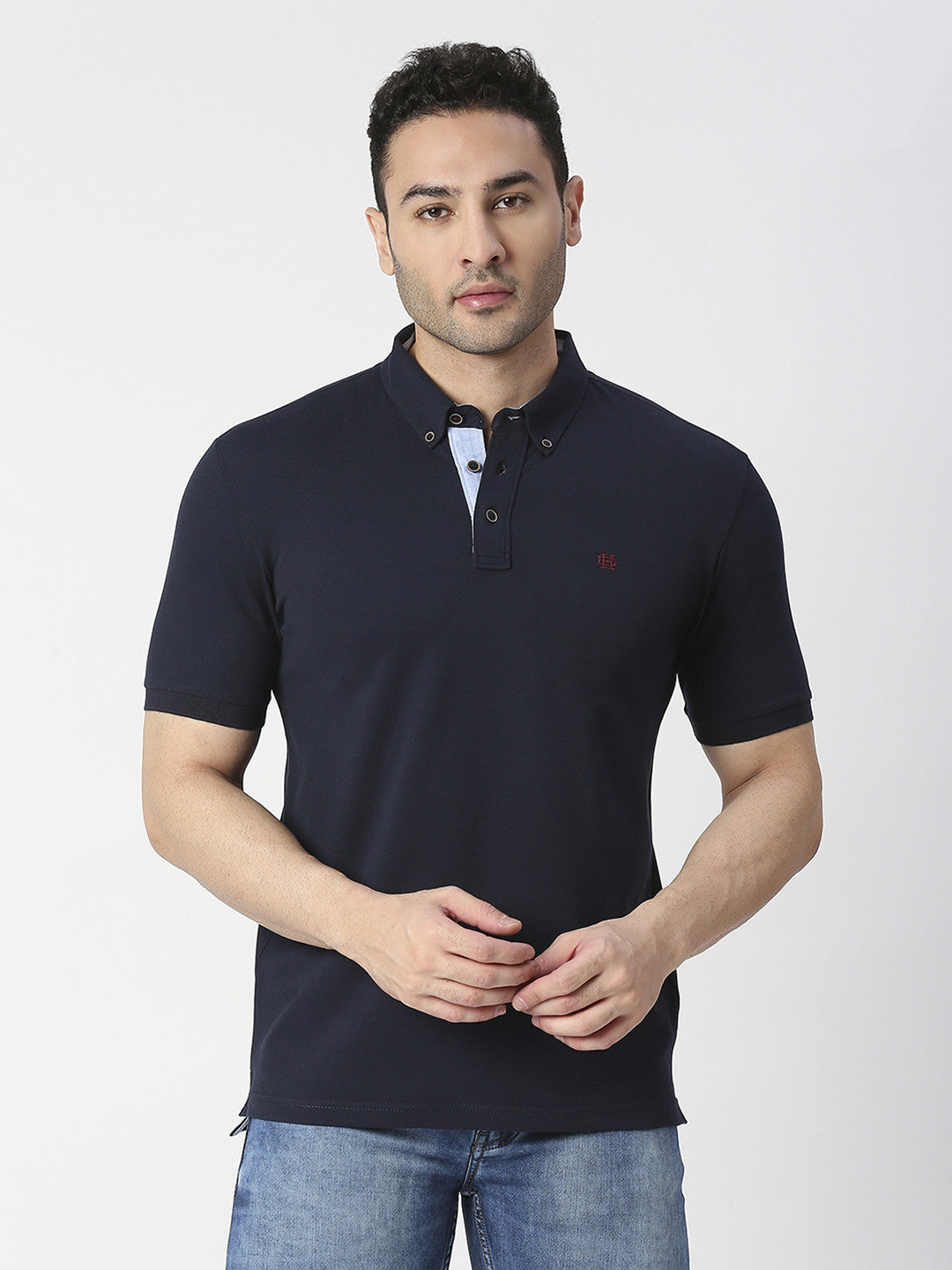 Navy Blue Cotton Lycra Button Down Polo T-shirt