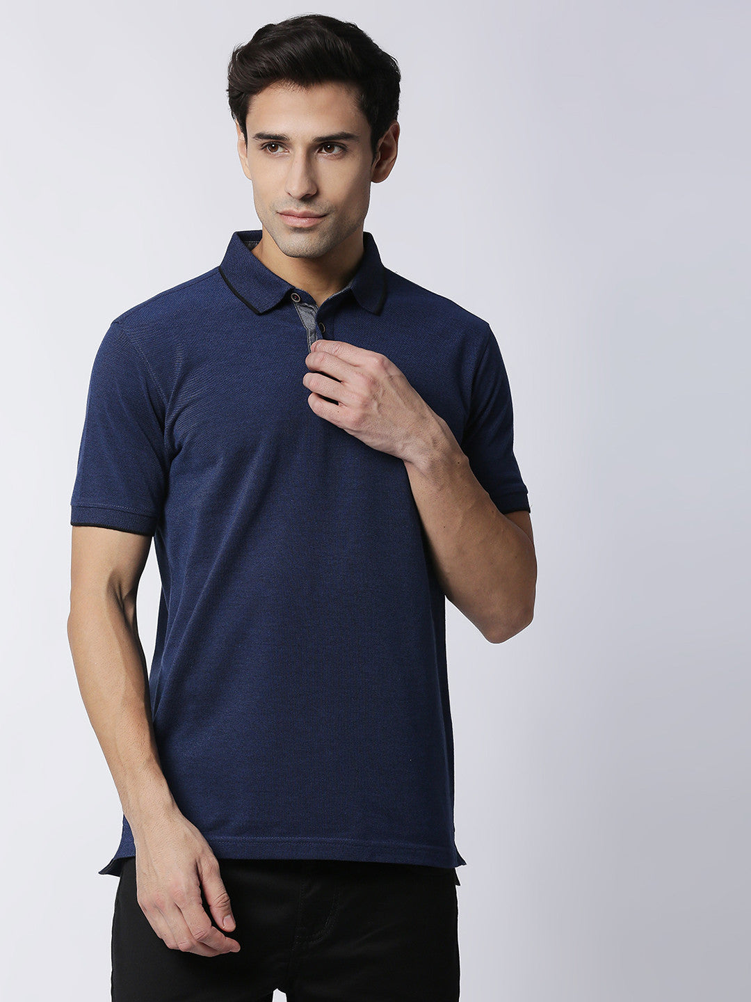 Navy Blue Bird Eye Pique Half Sleeves Polo T-Shirt