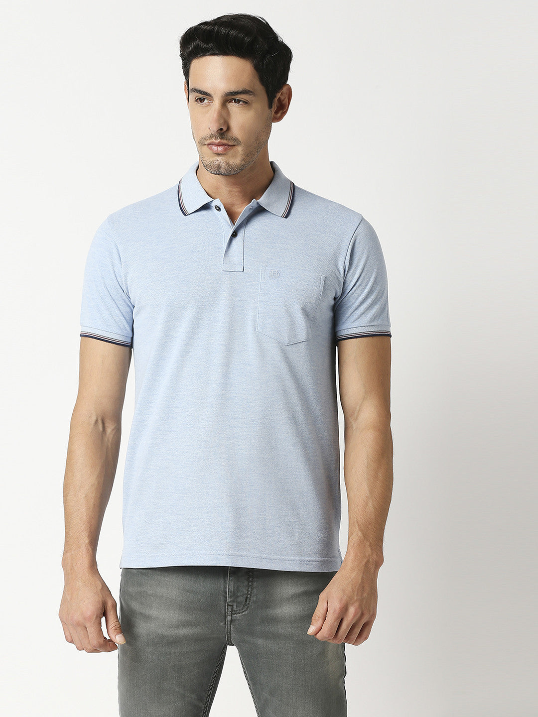 Sky Blue Melange Pique Polo With Pocket