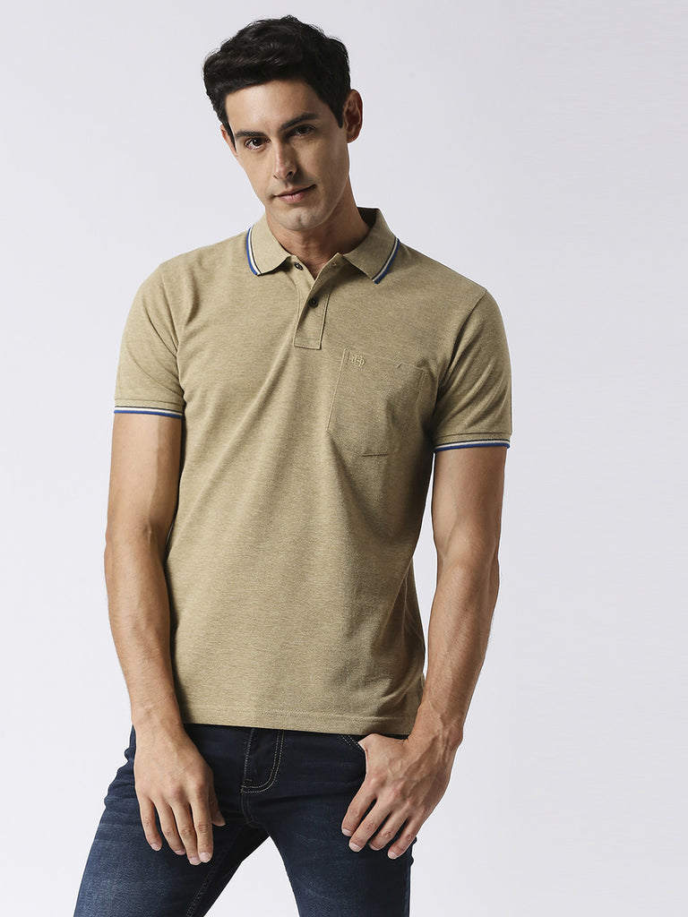 Light Olive Melange Pique Polo With Pocket