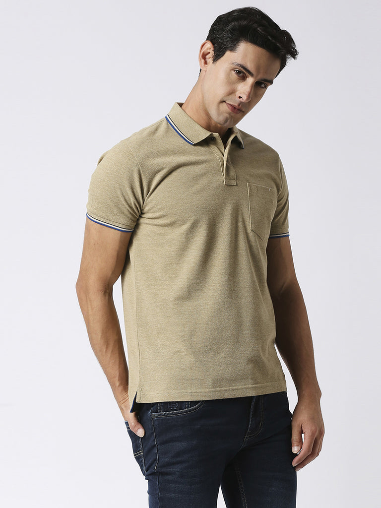 Light Olive Melange Pique Polo With Pocket