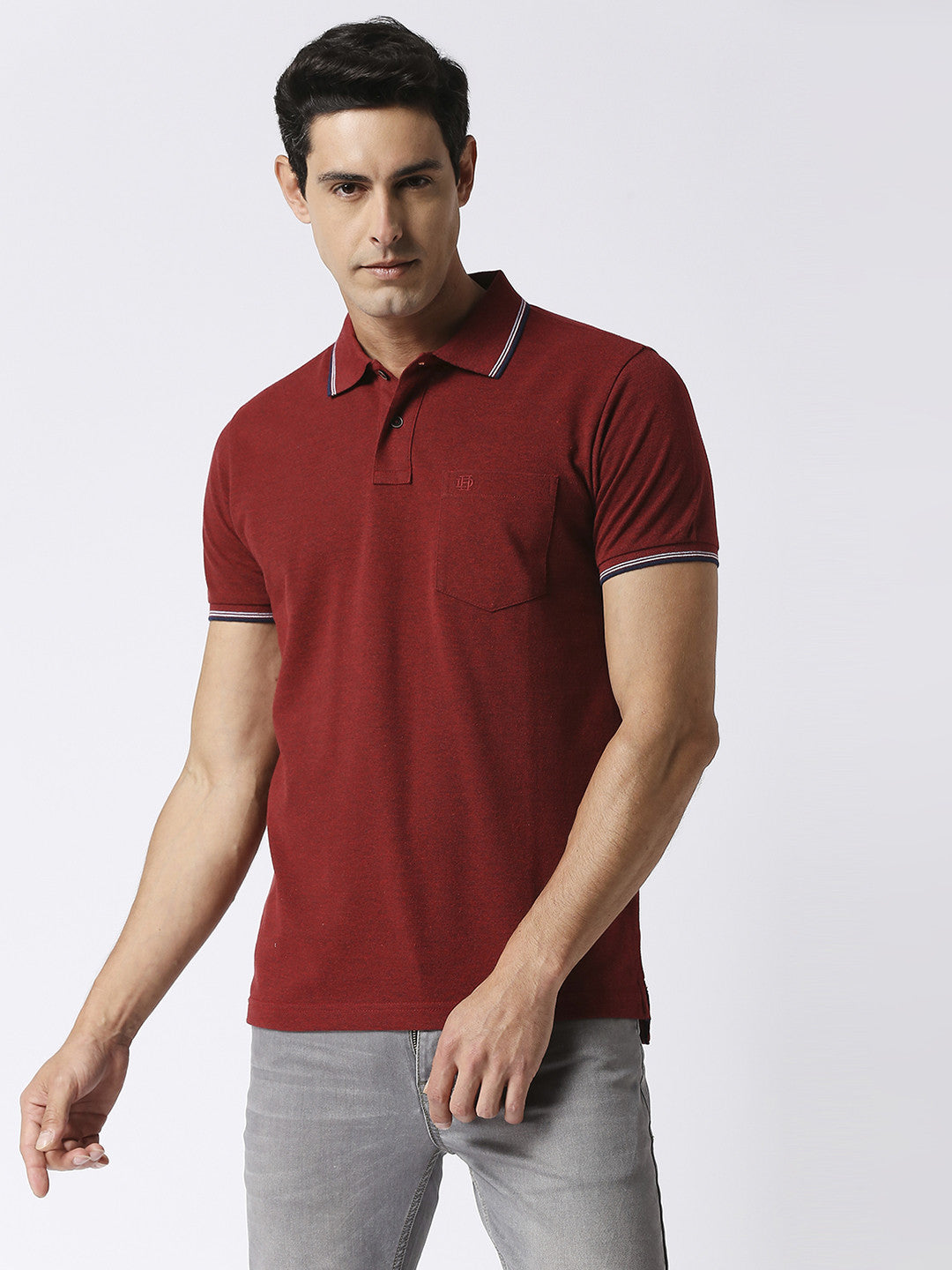 Maroon Melange Pique Polo With Pocket