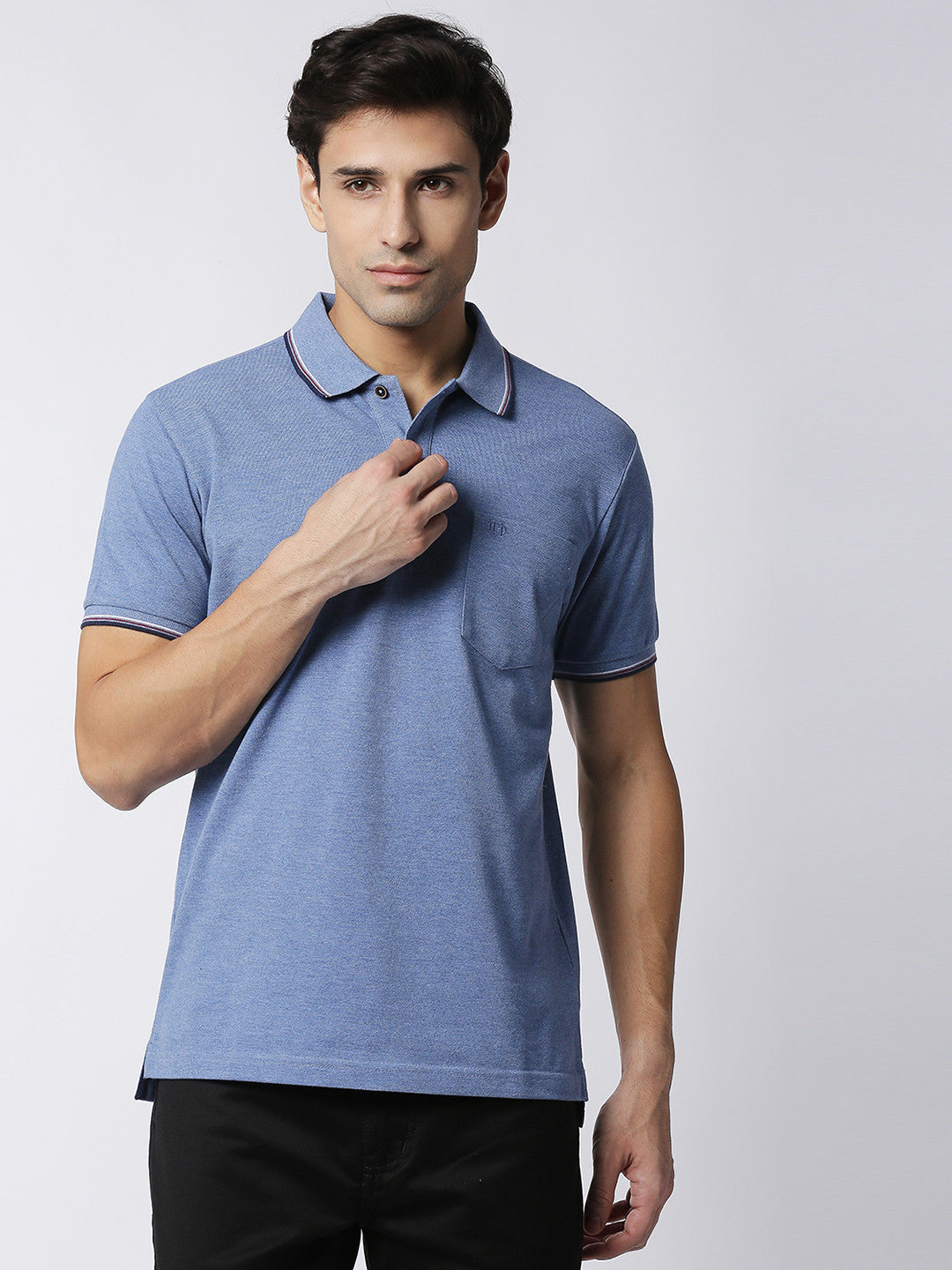 Blue Melange Pique Polo With Pocket